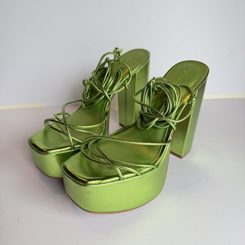 Gianni Bini Block Heel Sandals Womens Size 7.5 Green Platform Strappy Lace Up